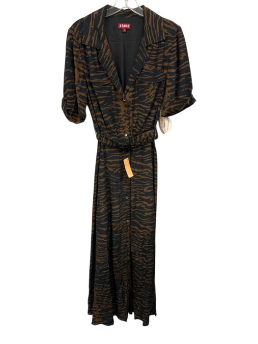 Staud Size 2 Black & Brown Rayon Blend Animal Stripe Short Sleeve Collared Dress Black & Brown / 2