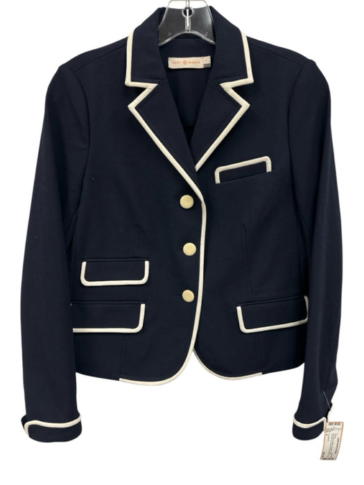 Tory Burch Size 0 Navy Blue & White Polyester Blend Contrast Trim Cropped Jacket Navy Blue & White / 0