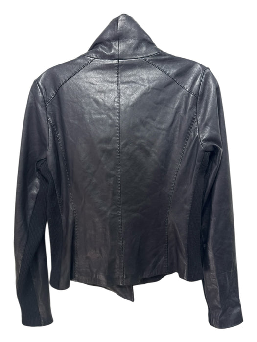 Vince Size M Black Leather Cotton Lining Stitch Detail Wrap Collar Jacket Black / M