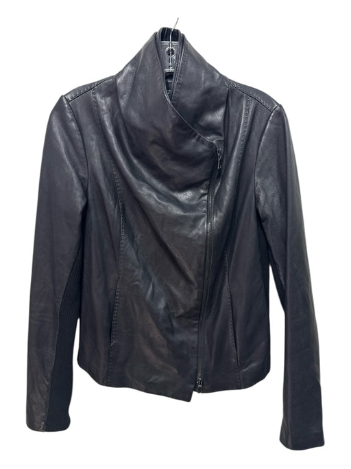 Vince Size M Black Leather Cotton Lining Stitch Detail Wrap Collar Jacket Black / M