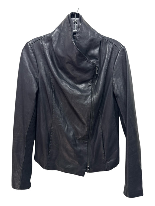 Vince Size M Black Leather Cotton Lining Stitch Detail Wrap Collar Jacket Black / M