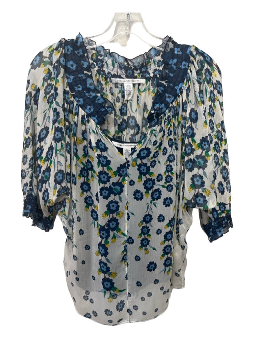 Diane Von Furstenberg Size 0 Blue White Green Silk Sheer Floral Slip Inc Top Blue White Green / 0