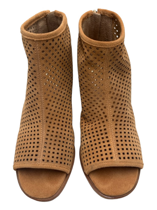 Vince Camuto Shoe Size 5.5 Camel Brown Suede Laser Cut Open Toe Ankle Booties Camel Brown / 5.5