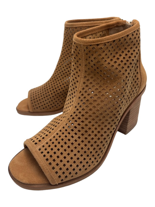 Vince Camuto Shoe Size 5.5 Camel Brown Suede Laser Cut Open Toe Ankle Booties Camel Brown / 5.5