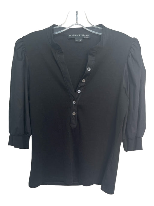 Veronica Beard Size Medium Black Pima Cotton Short Puff Sleeve Button Front Top Black / Medium