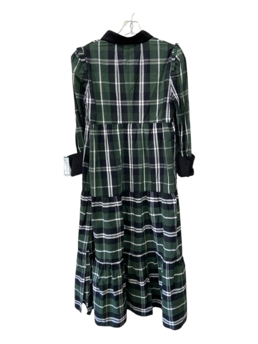 Tuckernuck Size M Navy & Green Cotton Plaid V Neck 3/4 Sleeve velvet trim Dress Navy & Green / M