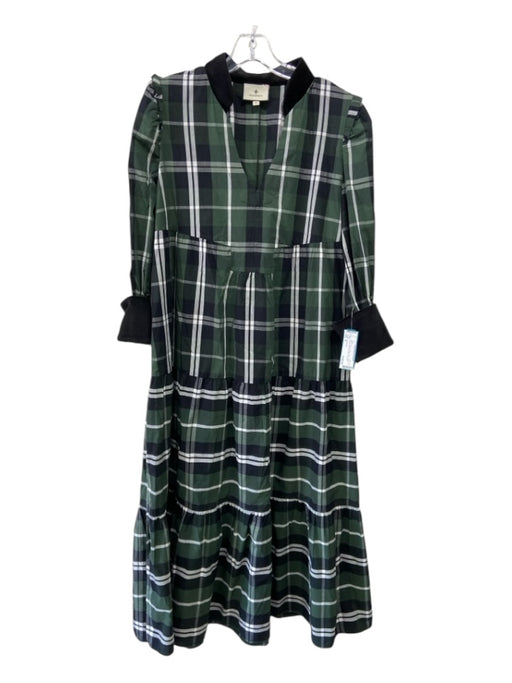 Tuckernuck Size M Navy & Green Cotton Plaid V Neck 3/4 Sleeve velvet trim Dress Navy & Green / M