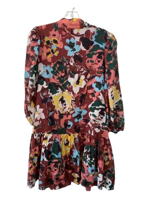 Tanya Taylor Size M Maroon & Multi Silk Blend Abstract Floral Ruffle Hem Dress Maroon & Multi / M