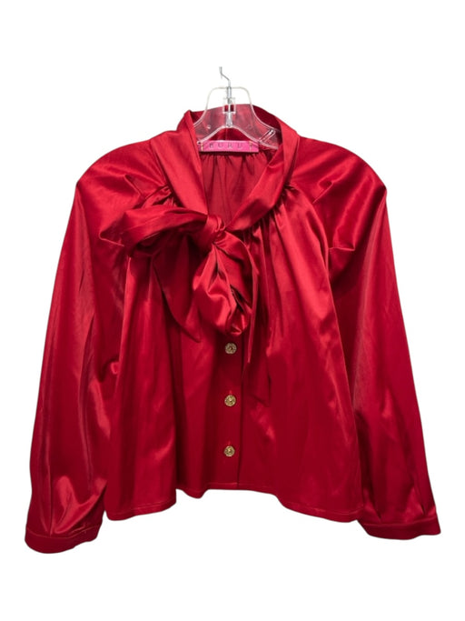 Buru Size Medium Red Long Sleeve Satin Button Front Embellished Top Red / Medium