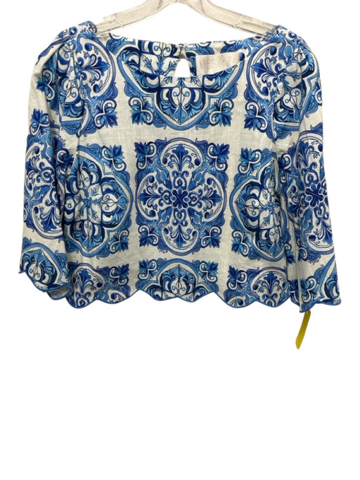 Mestiza New York Size XL/8 White & Blue Cotton All Over Print Cropped Skirt Set White & Blue / XL/8