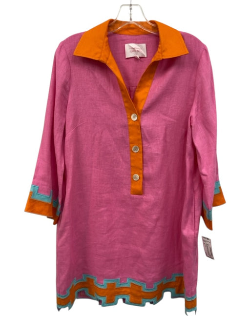 Tuckernuck Size M Pink, Orange & blue Linen Long Sleeve Color Block Collar Dress Pink, Orange & blue / M