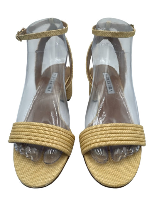 Aquazzura Shoe Size 36.5 Sand Beige Woven Raffia Block Heel Ankle Buckle Sandals Sand Beige / 36.5
