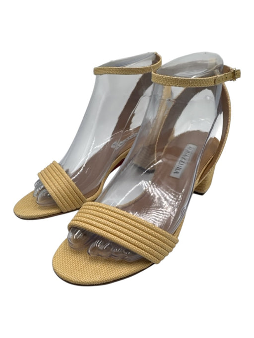 Aquazzura Shoe Size 36.5 Sand Beige Woven Raffia Block Heel Ankle Buckle Sandals Sand Beige / 36.5