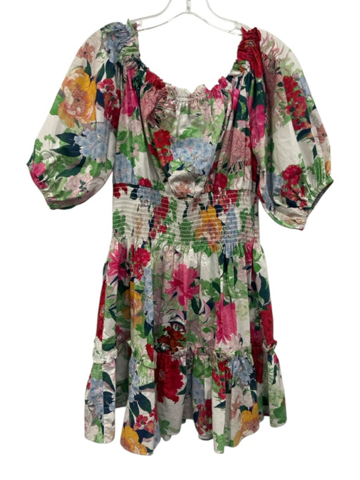 Cara Cara Size M White & Multi Cotton Short Puff Sleeve Floral Wide Neck Dress White & Multi / M