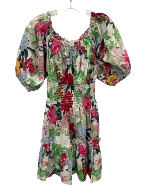 Cara Cara Size M White & Multi Cotton Short Puff Sleeve Floral Wide Neck Dress White & Multi / M
