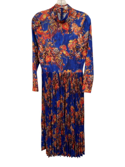 Hunter Bell Size M Blue, Red, Multi Polyester High Neck Long Sleeve Pleats Dress Blue, Red, Multi / M