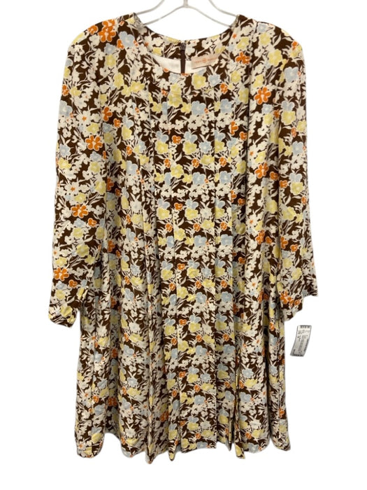 Tory Burch Size 10 Brown & Multi Silk & Wool Floral Long Sleeve Back Zip Dress Brown & Multi / 10