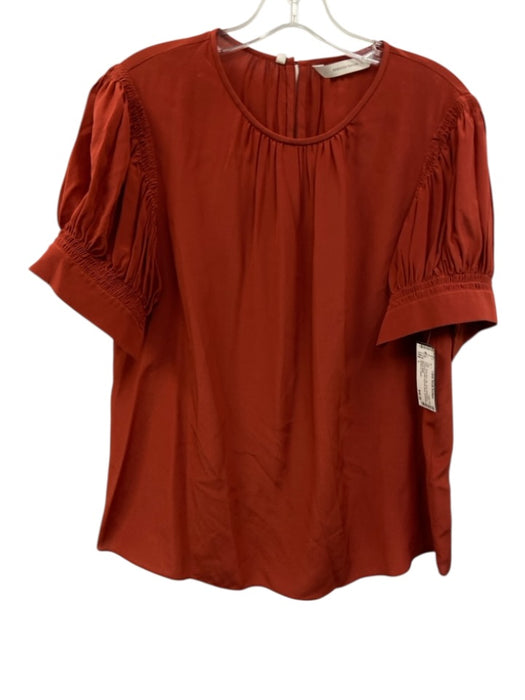 Rebecca Taylor Size L Brick Red Silk Short Puff Sleeve Gathered Detail Top Brick Red / L