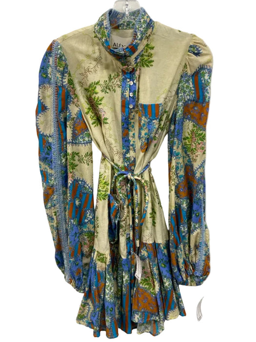 Alemais Size 6 Beige, Blue, Green Cotton Blend Floral Button Down Dress