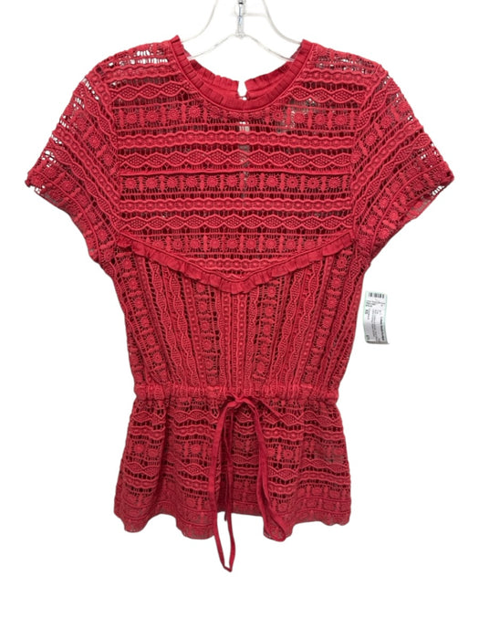 Carolina K Size XS Red Cotton & Viscose Short Sleeve Lace Overlay Top Red / XS