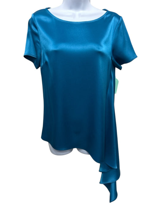 St. John Size P Turquiose Triacetate Blend Satin Short Sleeve Side Train Top Turquiose / P