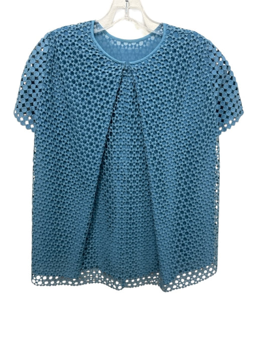 Tory Burch Size 4 Light Teal Cotton Short Sleeve Crochet Knit Overlay Lined Top Light Teal / 4