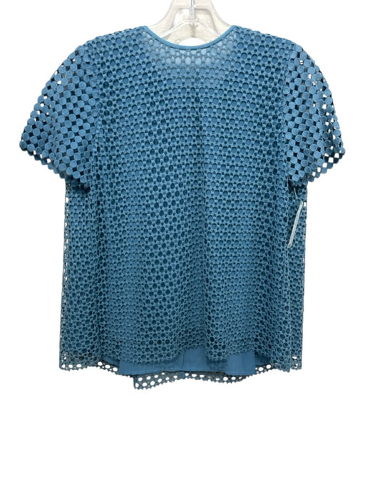 Tory Burch Size 4 Light Teal Cotton Short Sleeve Crochet Knit Overlay Lined Top Light Teal / 4