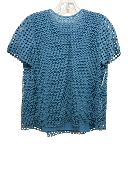 Tory Burch Size 4 Light Teal Cotton Short Sleeve Crochet Knit Overlay Lined Top Light Teal / 4
