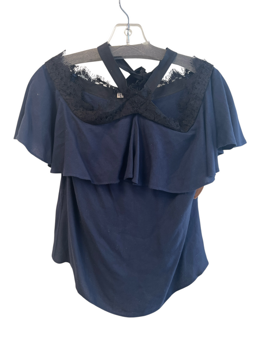 Alice + Olivia Size XS Navy Blue No Fabric Tag V Neck Lace Trim Tie Detail Top Navy Blue / XS