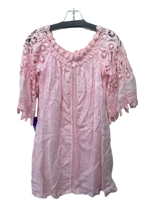 Temptation Positano Size M Pink 1/2 Sleeve Elastic Neck Embroidered Dress Pink / M