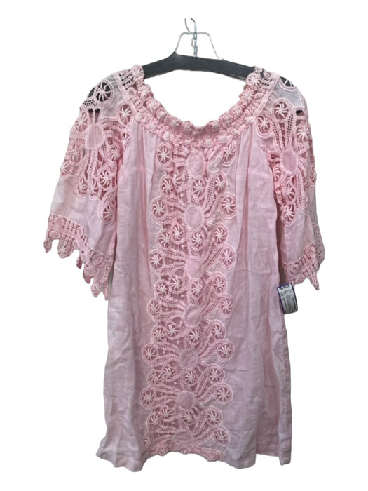 Temptation Positano Size M Pink 1/2 Sleeve Elastic Neck Embroidered Dress Pink / M