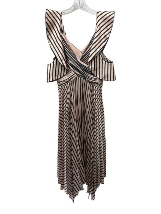 Self Portrait Size 2 Beige & Black Polyester Flutter Cap sleeve Striped Dress Beige & Black / 2