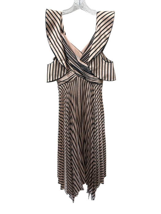 Self Portrait Size 2 Beige & Black Polyester Flutter Cap sleeve Striped Dress Beige & Black / 2