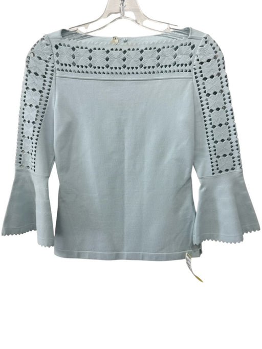 Fendi Size 38 Aqua Blue Viscose Perforated 3/4 Flare Sleeve Ribbed Fitted Top Aqua Blue / 38