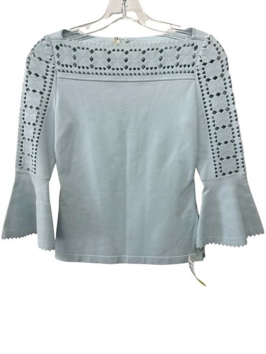 Fendi Size 38 Aqua Blue Viscose Perforated 3/4 Flare Sleeve Ribbed Fitted Top Aqua Blue / 38