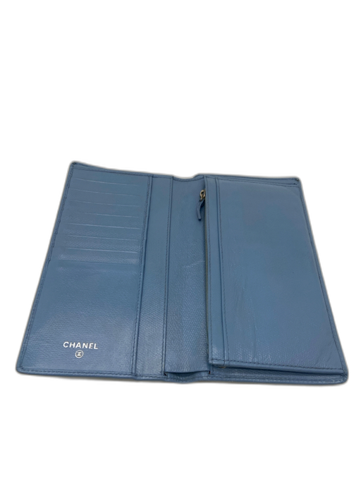 Chanel Light Blue Leather Silver Hardware Snap Bi-Fold Long Wallet Wallets Light Blue
