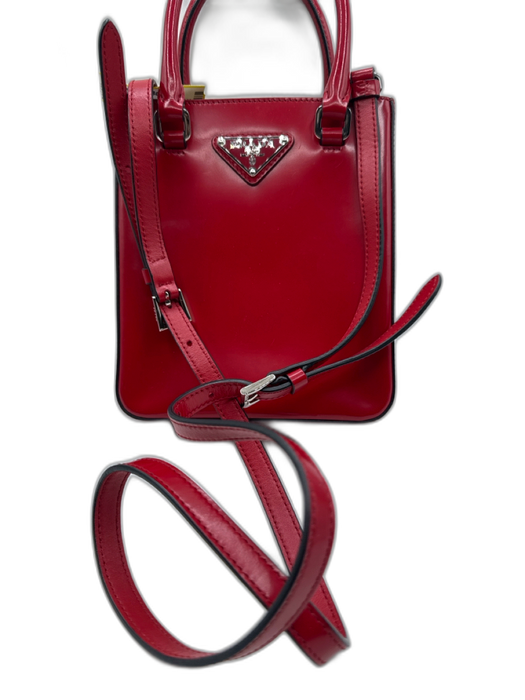 Prada Red Patent Leather Logo Top Handle Crossbody Strap Bag Red / Mini