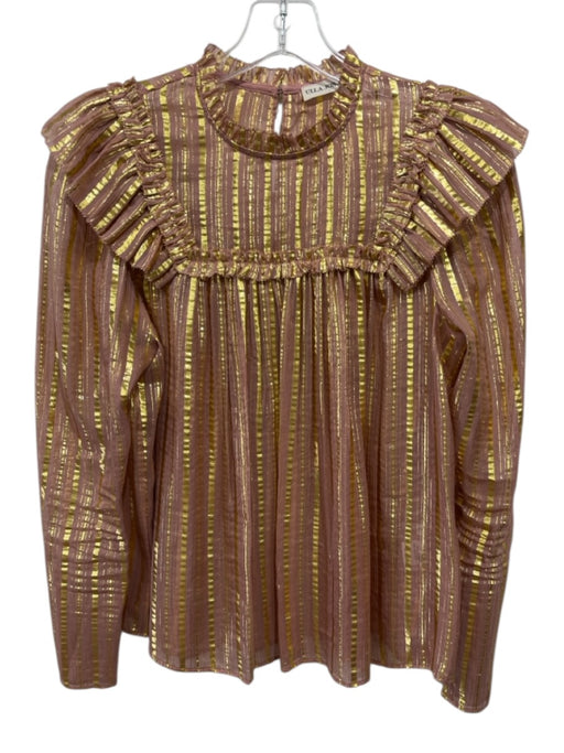 Ulla Johnson Size 2 beige pink & gold Silk Blend Semi Sheer Stripe Ruffle Top beige pink & gold / 2