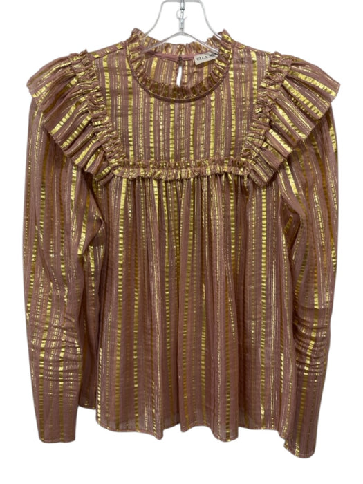 Ulla Johnson Size 2 beige pink & gold Silk Blend Semi Sheer Stripe Ruffle Top beige pink & gold / 2
