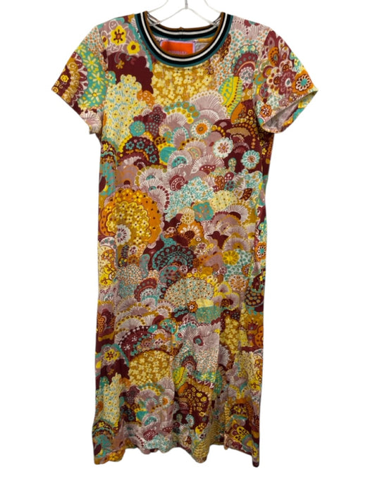 La Double J Size XS Yellow, Red, Teal Cotton Ribbed Collar Abstract Floral Dress Yellow, Red, Teal / XS
