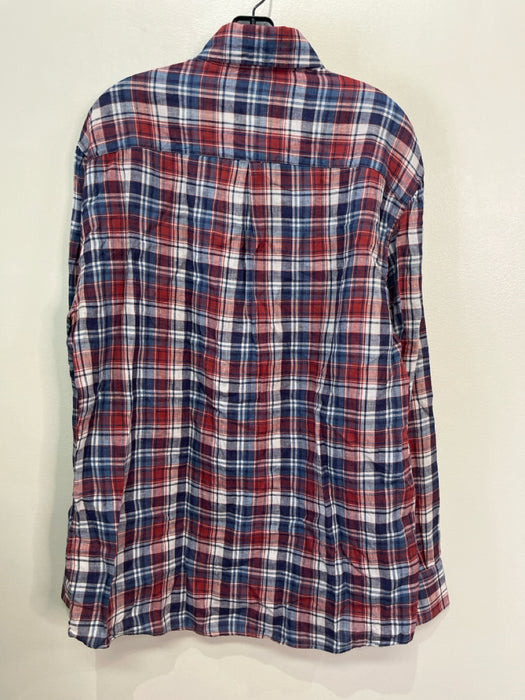 Brunello Cucinelli Size XXL Blue & Red Linen Blend Plaid Men's Long Sleeve Shirt