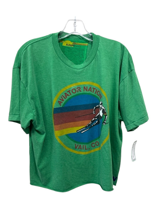 Aviator Nation Size XL Green & Multi Cotton Cropped Short Sleeve Crew Neck Top Green & Multi / XL