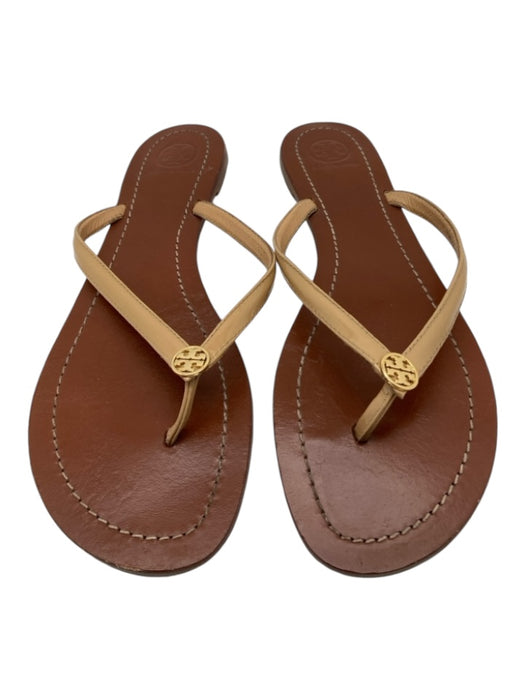 Tory Burch Shoe Size 8.5 Brown & Tan Leather Gold hardware Logo Thong Sandals Brown & Tan / 8.5