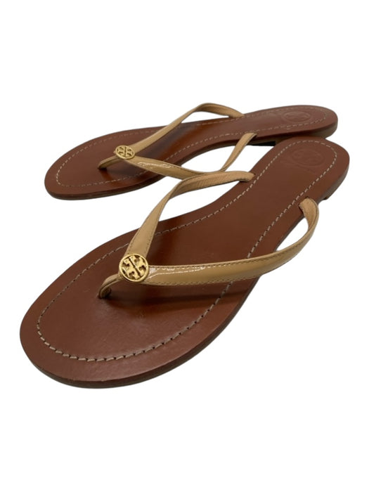 Tory Burch Shoe Size 8.5 Brown & Tan Leather Gold hardware Logo Thong Sandals Brown & Tan / 8.5