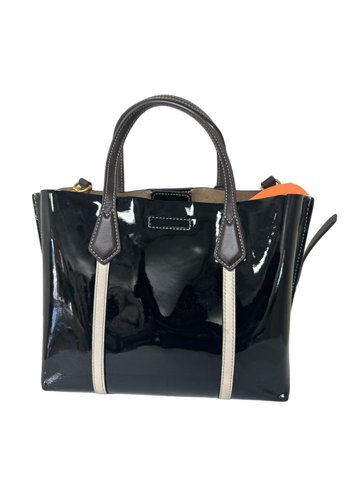 Tory Burch Black White & Brown Patent Leather Double Top Handle Colorblock Bag Black White & Brown