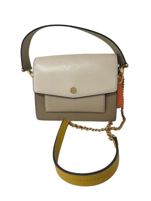 Tory Burch Beige & Brown Saffiano Leather Suede Colorblock Gold Hardware Bag Beige & Brown