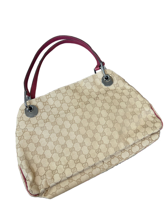 Gucci Purple & Tan Canvas & Leather Top Handles Guccissima Outer Pockets Bag