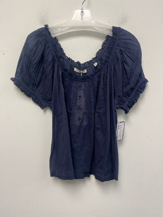 Doen Size M Navy Blue Cotton Short Puff Sleeve Lace Trim Semi Sheer Top