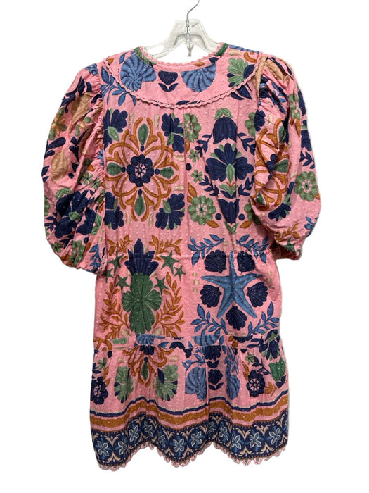 Farm Rio Size L Pink, Blue, Green Cotton Short Puff Sleeve Aquatic Dress