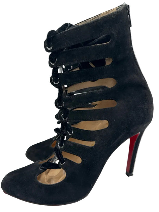 Christian Louboutin Shoe Size 37 Black Suede Velvet Ribbon Lace Up Cut Out Pumps